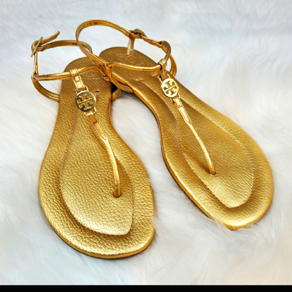 Tory Burch Emmy Size 10 old Metallic Leather T-Strap Sandals